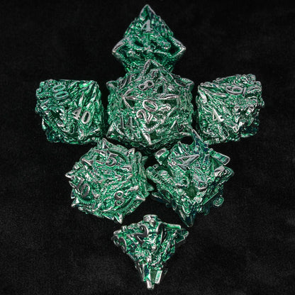 Irregular Skeleton Metal Dragon Polyhedron DND Dice Set + Silver Green