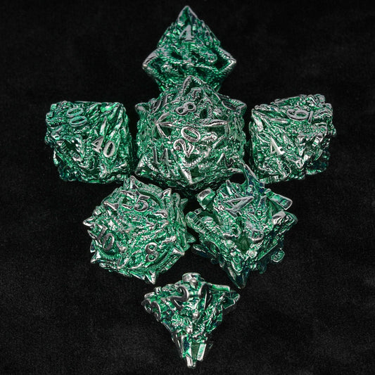 Irregular Skeleton Metal Dragon Polyhedron DND Dice Set + Silver Green