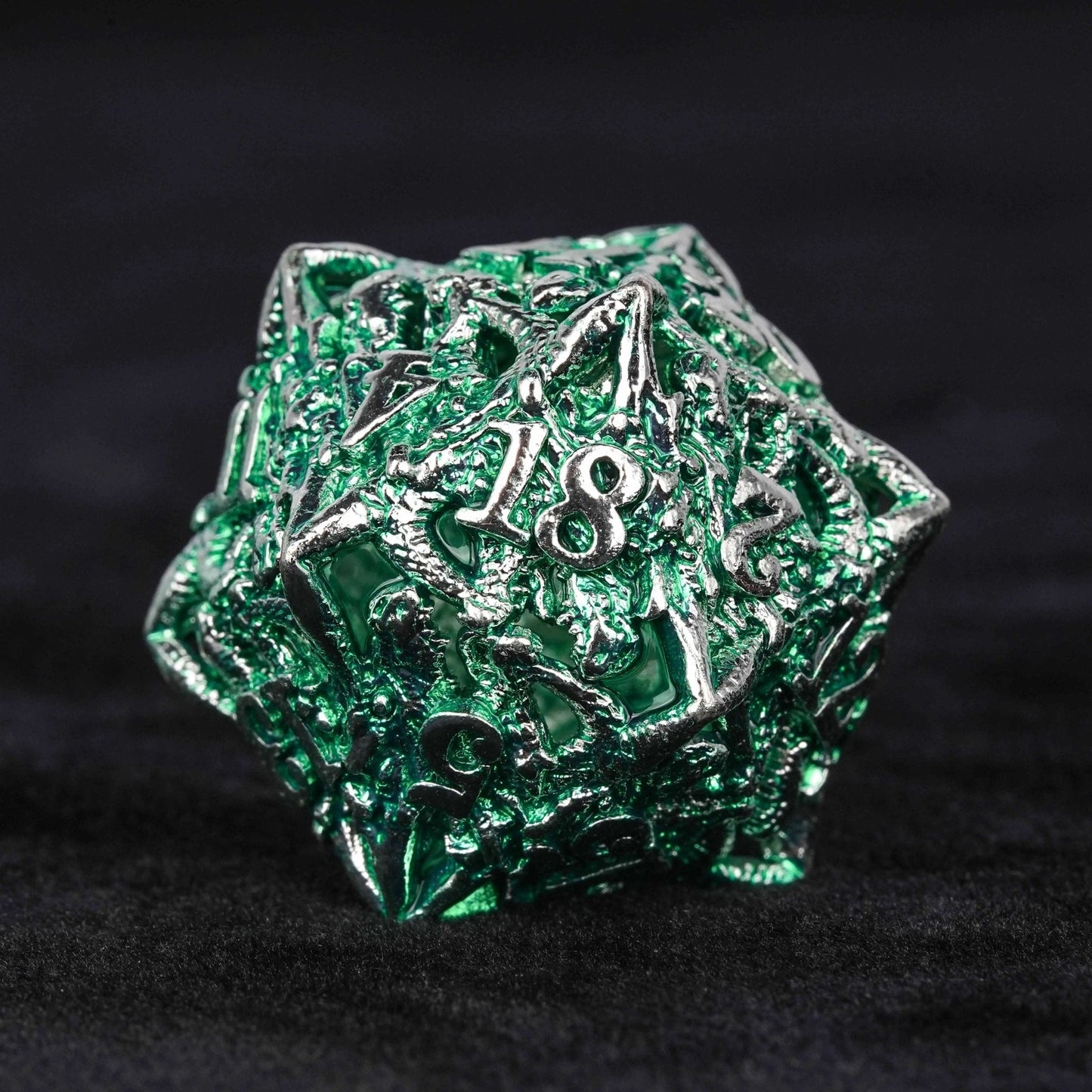 Irregular Skeleton Metal Dragon Polyhedron DND Dice Set + Silver Green