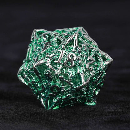 Irregular Skeleton Metal Dragon Polyhedron DND Dice Set + Silver Green