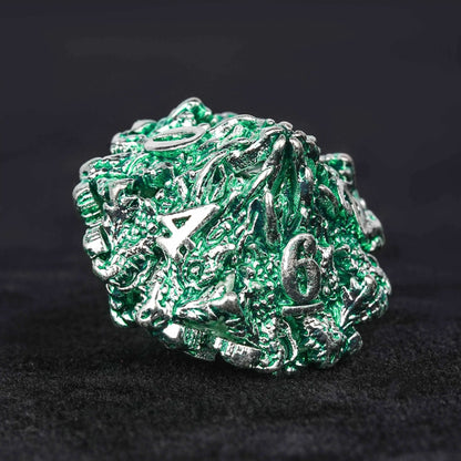 Irregular Skeleton Metal Dragon Polyhedron DND Dice Set + Silver Green