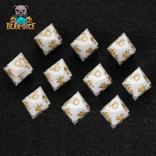 White Labrador Resin D10 Dice Set + Gold Numerals (D10 Dice)