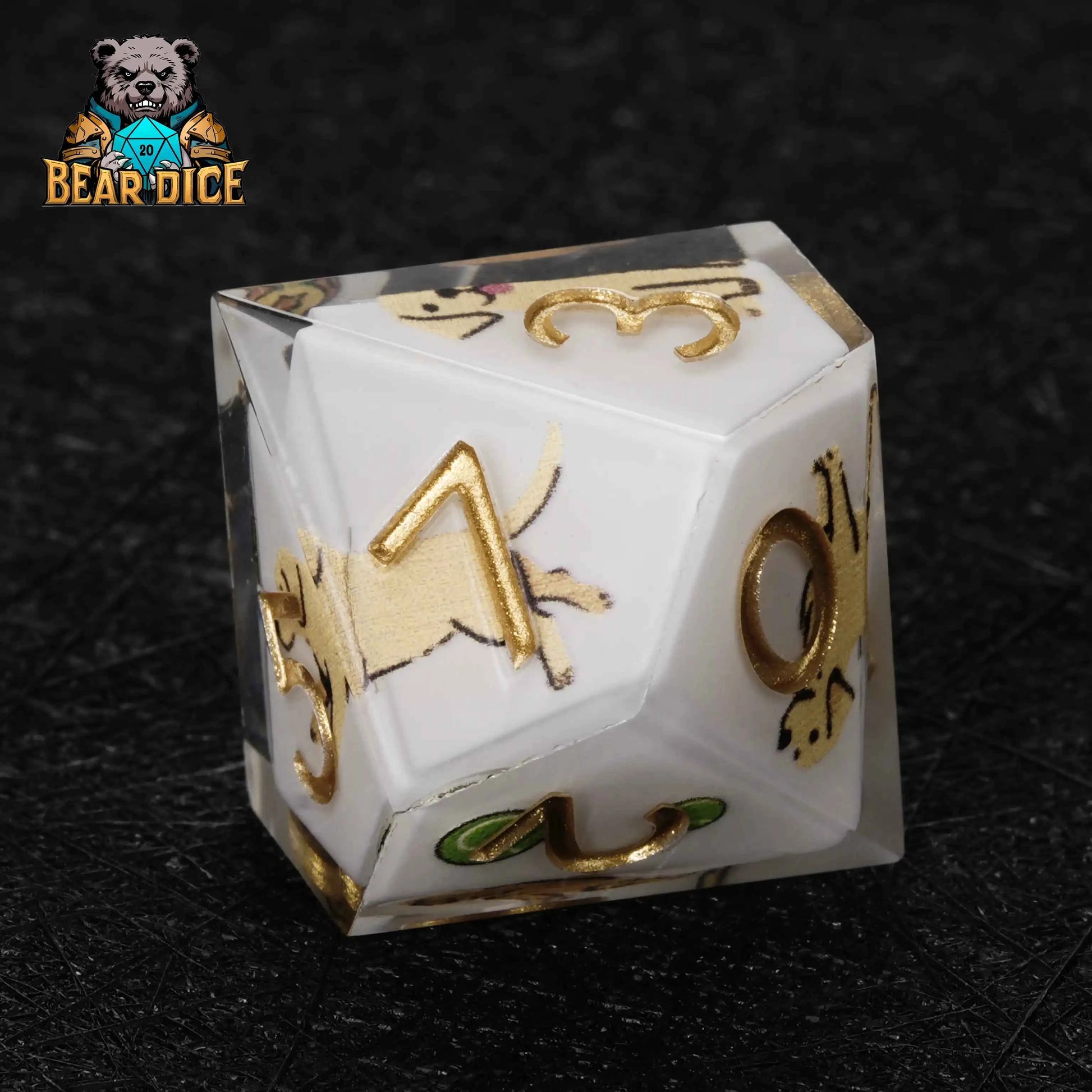 White Labrador Resin D10 Dice Set + Gold Numerals (D10 Dice)