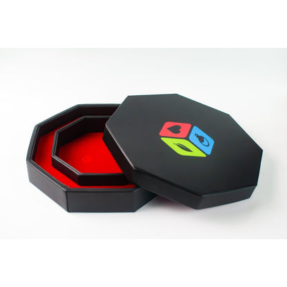 Leather Dice Vault With Lid, Storage for 5 Sets of Dice, and Staging Area (Red, Green, Blue, Purple)