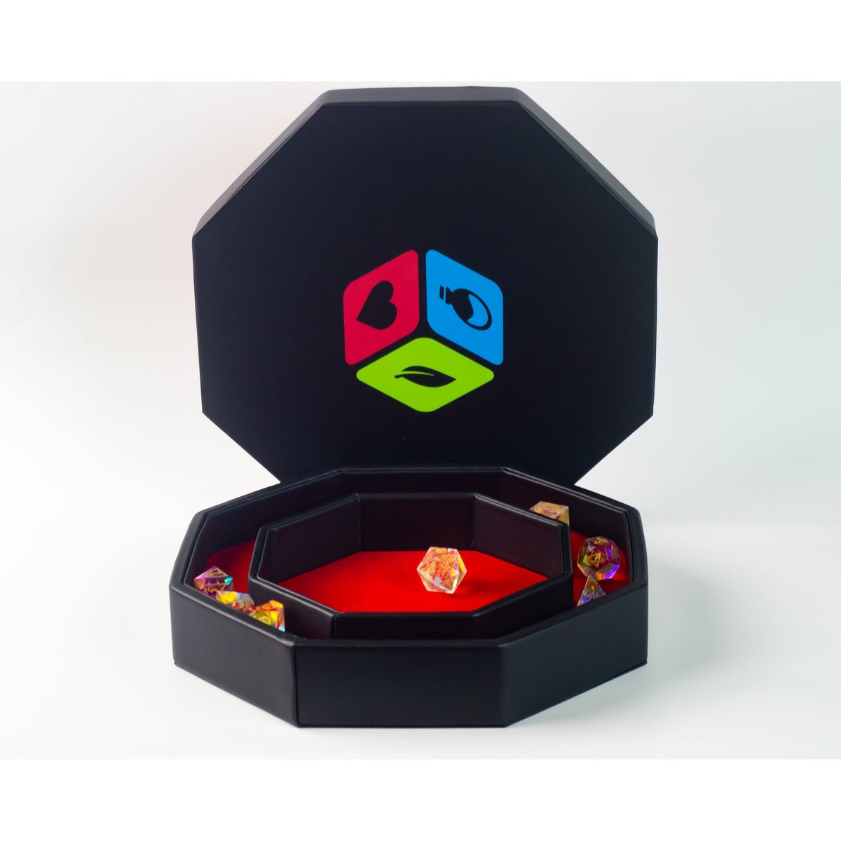 Leather Dice Vault With Lid, Storage for 5 Sets of Dice, and Staging Area (Red, Green, Blue, Purple)