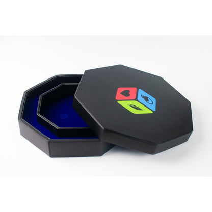 Leather Dice Vault With Lid, Storage for 5 Sets of Dice, and Staging Area (Red, Green, Blue, Purple)