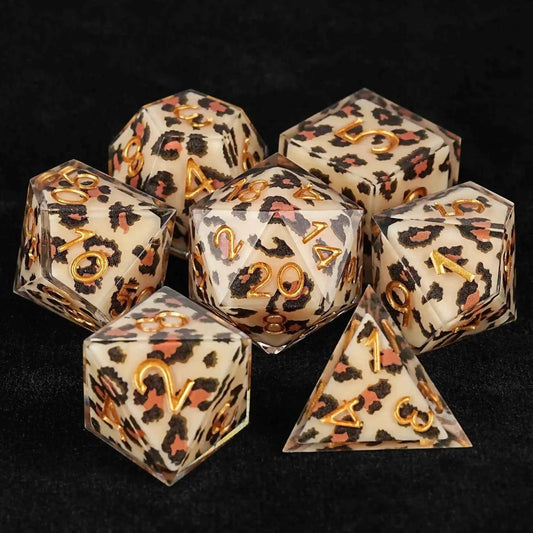 Yellow Leopard Print Transparent Resin DND Dice Set — 7-Piece Polyhedral TTRPG Dice