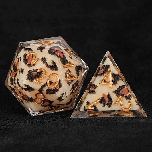 Yellow Leopard Print Transparent Resin DND Dice Set — 7-Piece Polyhedral TTRPG Dice