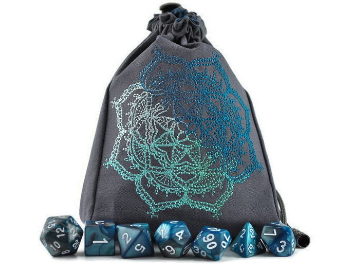 Medallion Dice Bag, Dice & Notebook Gift Set — Teal & Gray