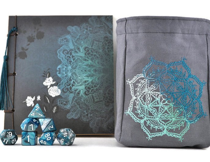 Medallion Dice Bag, Dice & Notebook Gift Set — Teal & Gray