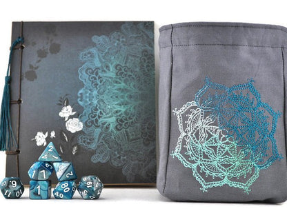Medallion Dice Bag, Dice & Notebook Gift Set — Teal & Gray