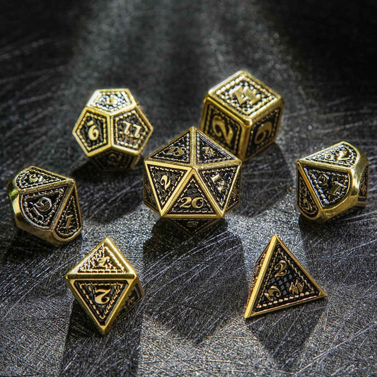 Dragon Scale Imitation Gold and Black Metal DND Dice Set — 7-Piece Zinc Alloy TTRPG Dice