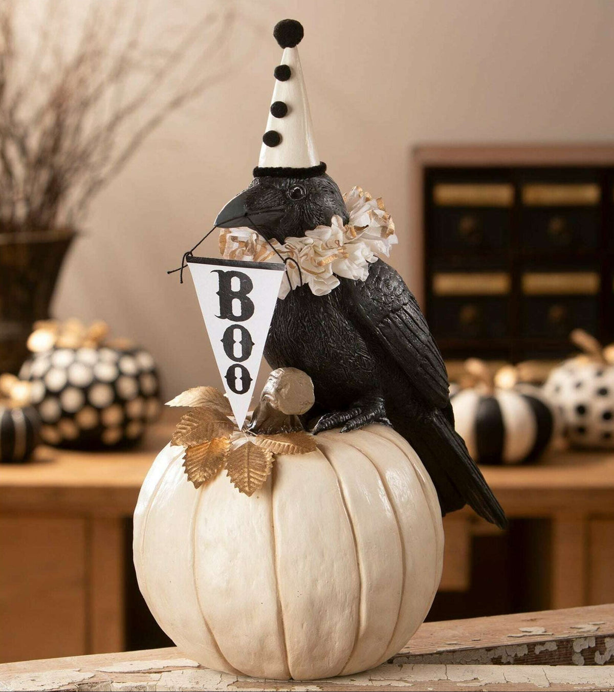 Midnight Messenger Crow – Vintage-Style Halloween Collectible with Pumpkin & BOO Banner