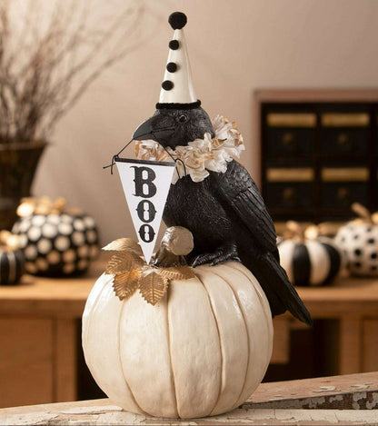 Midnight Messenger Crow – Vintage-Style Halloween Collectible with Pumpkin & BOO Banner