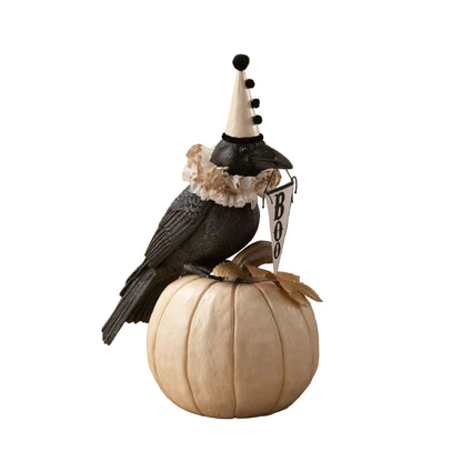 Midnight Messenger Crow – Vintage-Style Halloween Collectible with Pumpkin & BOO Banner