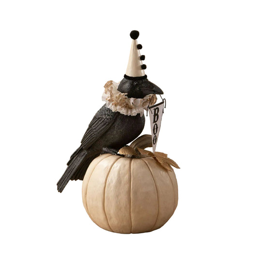 Midnight Messenger Crow – Vintage-Style Halloween Collectible with Pumpkin & BOO Banner