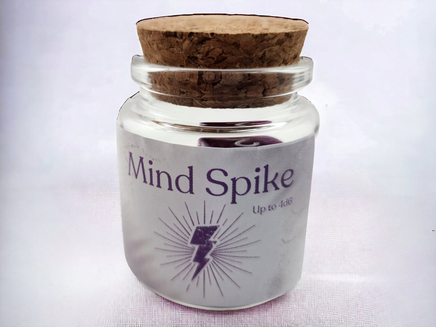 Mind Spike Spell Dice Jar - D&D Spell Dice Set with 4 Purple D6 in Glass Bottle