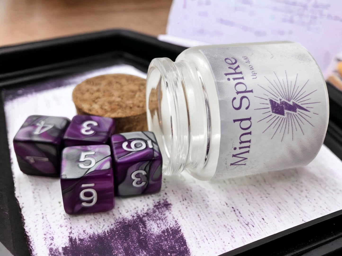 Mind Spike Spell Dice Jar - D&D Spell Dice Set with 4 Purple D6 in Glass Bottle