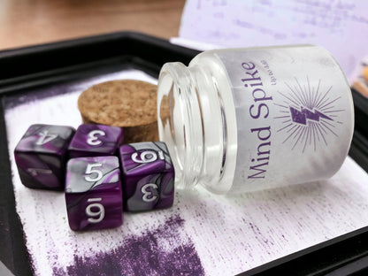 Mind Spike Spell Dice Jar - D&D Spell Dice Set with 4 Purple D6 in Glass Bottle