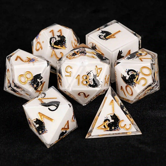 Moon Night Shadow Cat Guardian Unusual White Resin DnD Dice Set