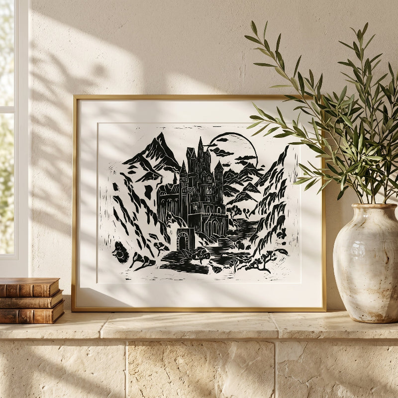 Moonlit Mountain Keep Fine Art Print — Fantasy Wall Decor