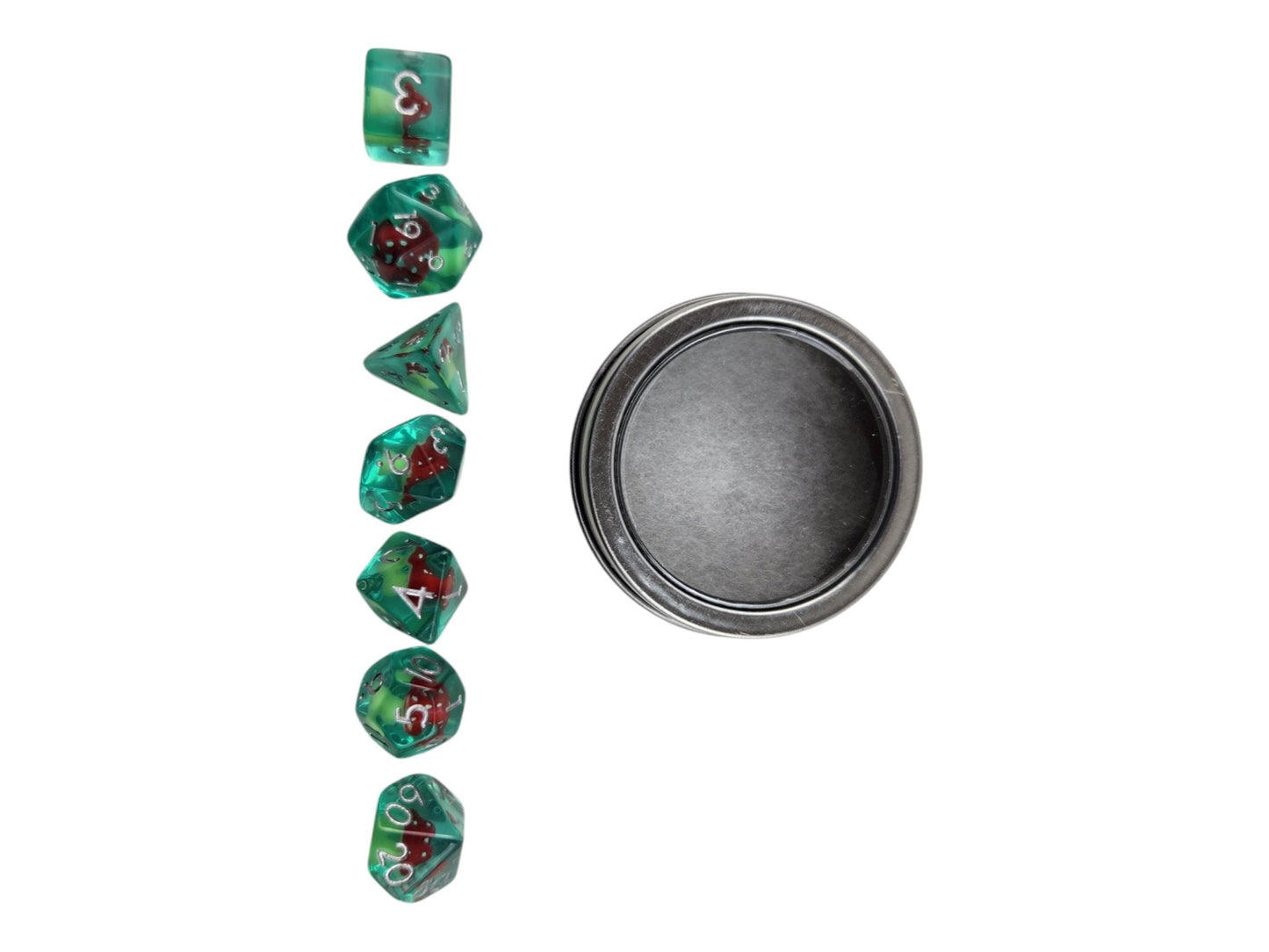 Mushroom Dice Set — 7-Piece Transparent Teal Resin DND Dice with Mushroom Inclusions