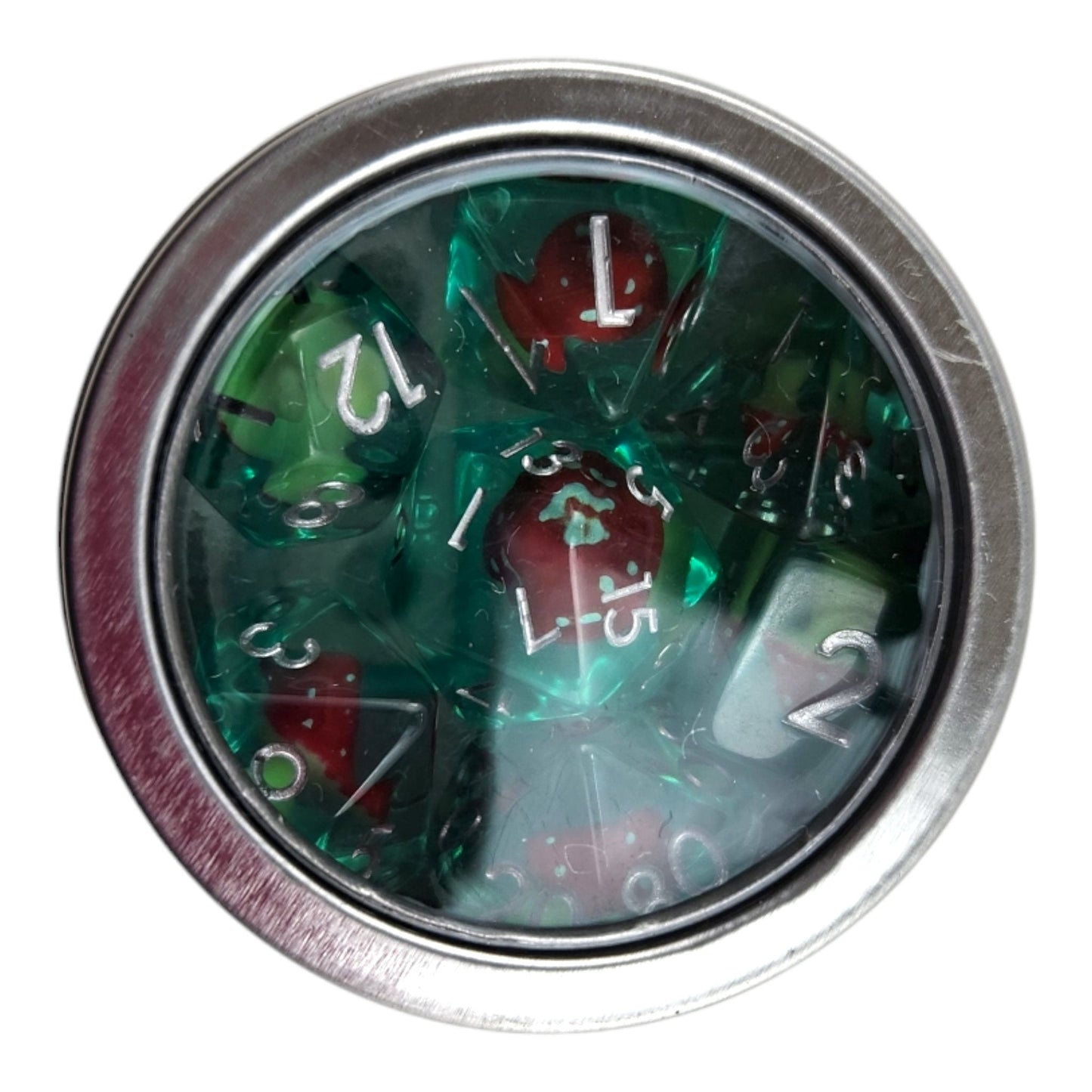 Mushroom Dice Set — 7-Piece Transparent Teal Resin DND Dice with Mushroom Inclusions
