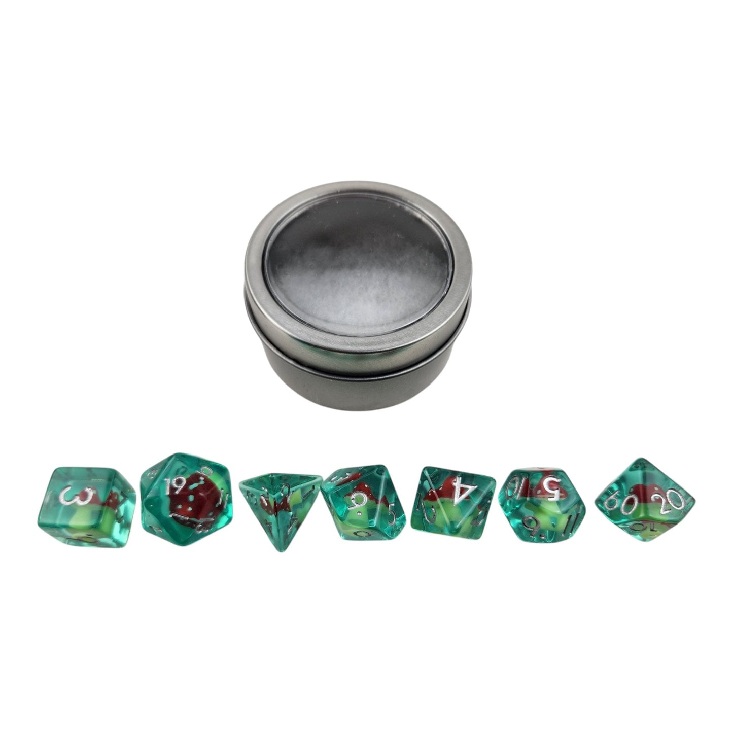 Mushroom Dice Set — 7-Piece Transparent Teal Resin DND Dice with Mushroom Inclusions
