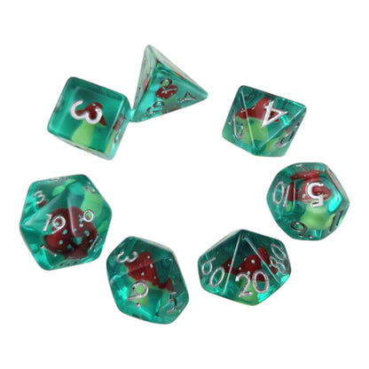 Mushroom Dice Set — 7-Piece Transparent Teal Resin DND Dice with Mushroom Inclusions