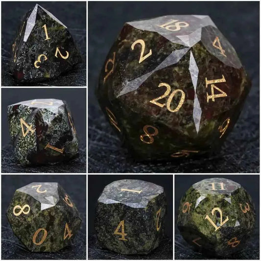 Natural Colored Ore Gemstone Dice Set | Diamond Cut Gold Engraving DND Board Game Dice