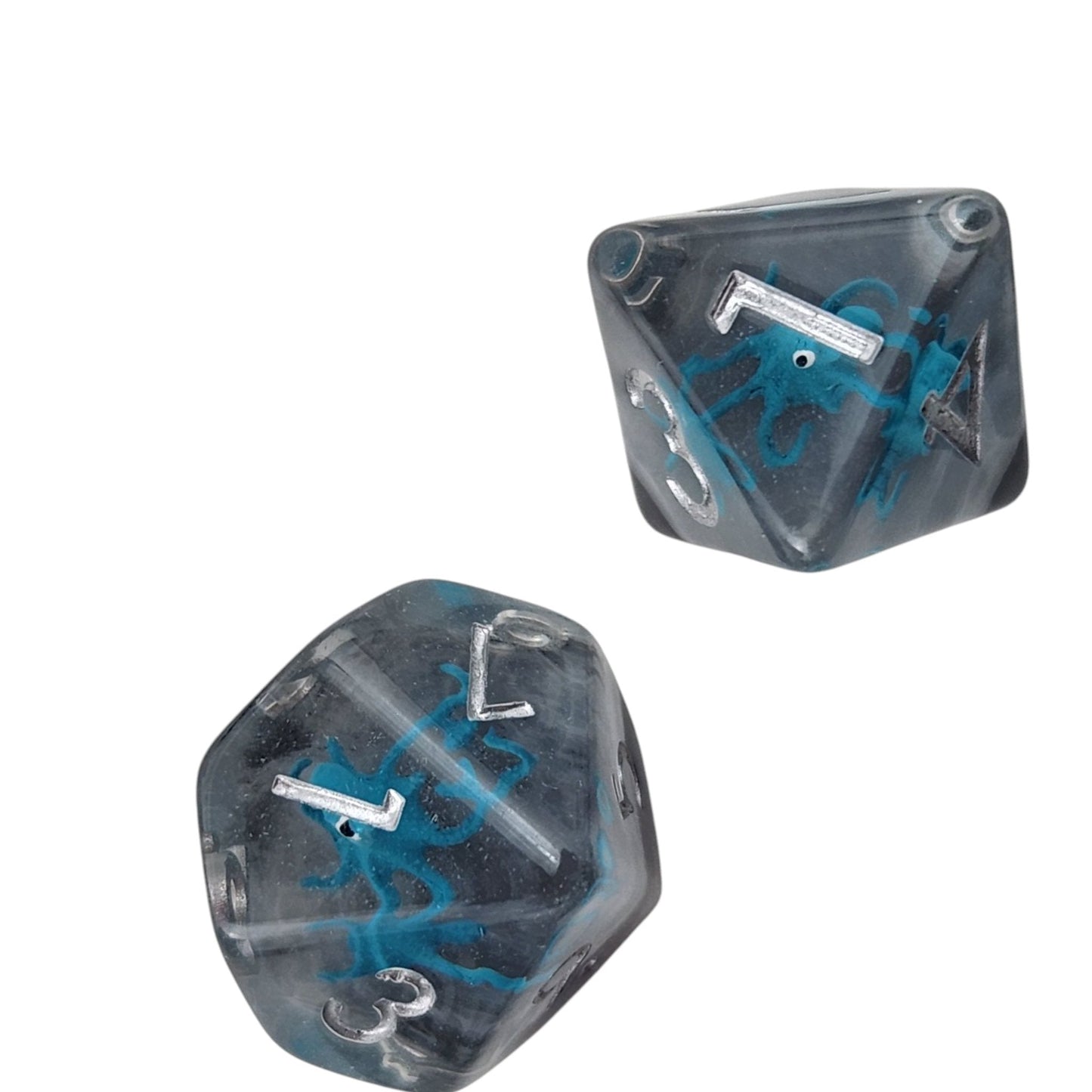 Octopus Dice Set — 7-Piece Clear Gray Resin DND Dice with Octopus Inclusions