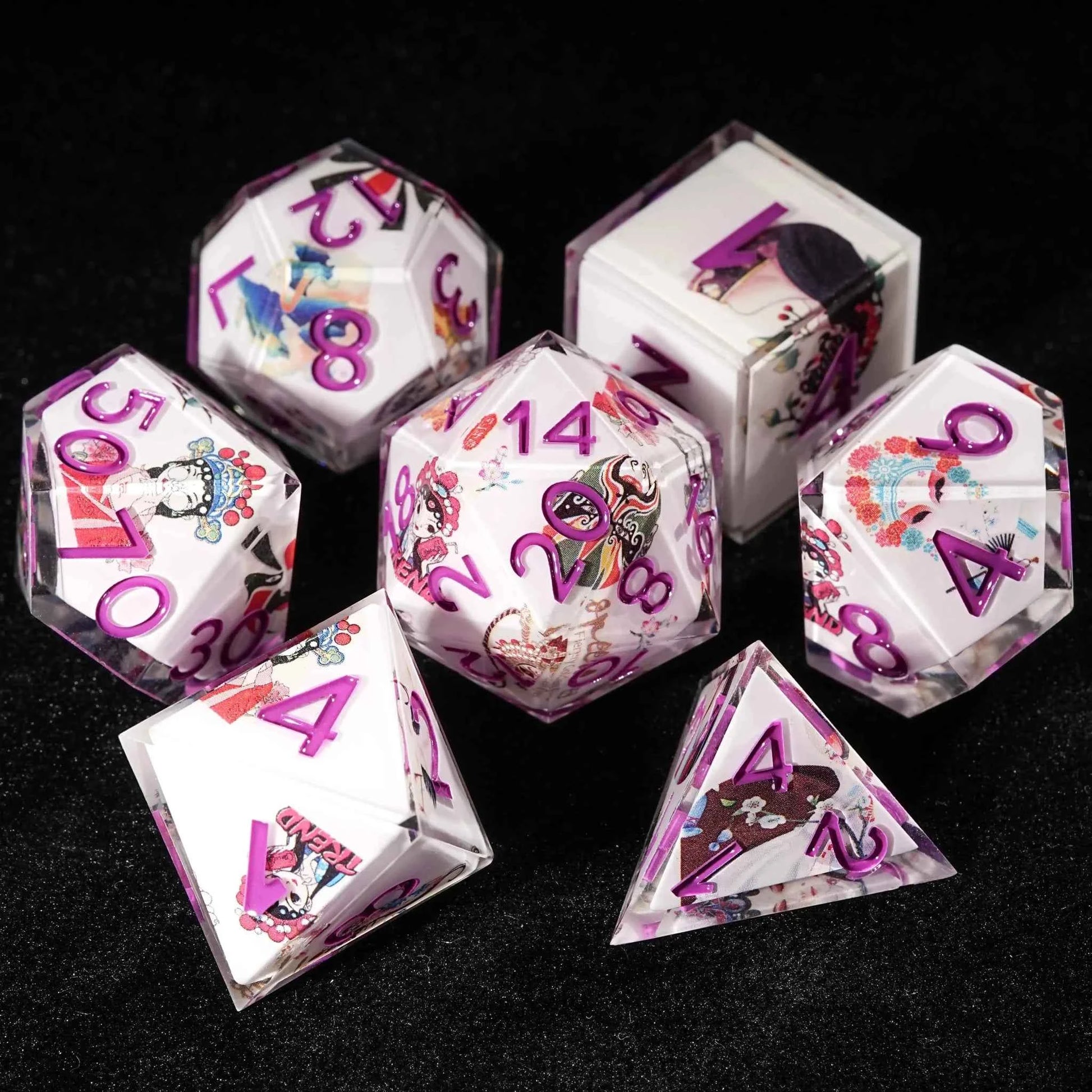 Oriental Culture - White Resin DND Dice Set + Purple Font