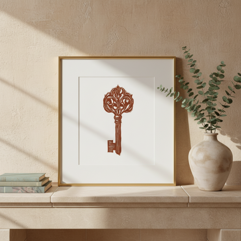 Ornate Key Linocut Original 5x7 Collector Print