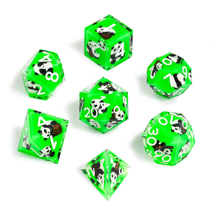 Panda Decal Green Resin DND Dice Set with White Font