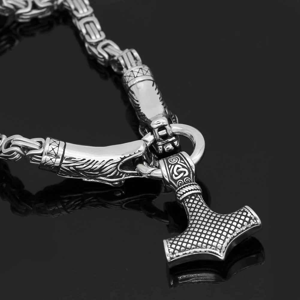 Vikings Fenrir Mjolnir Stainless Steel Necklace