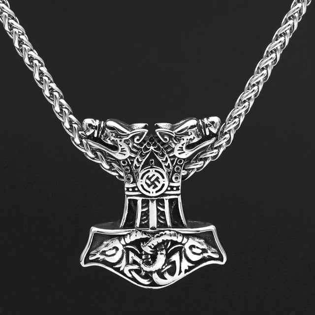 Vikings Wolf and Goat Head Mjolnir Pendant Necklace