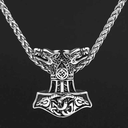 Vikings Wolf and Goat Head Mjolnir Pendant Necklace