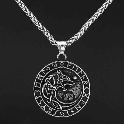 Vikings Wolf and Runes Stainless Steel Necklace