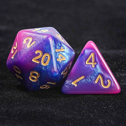 Pink and Purple Gradient Acrylic DND Dice Set + Gold number