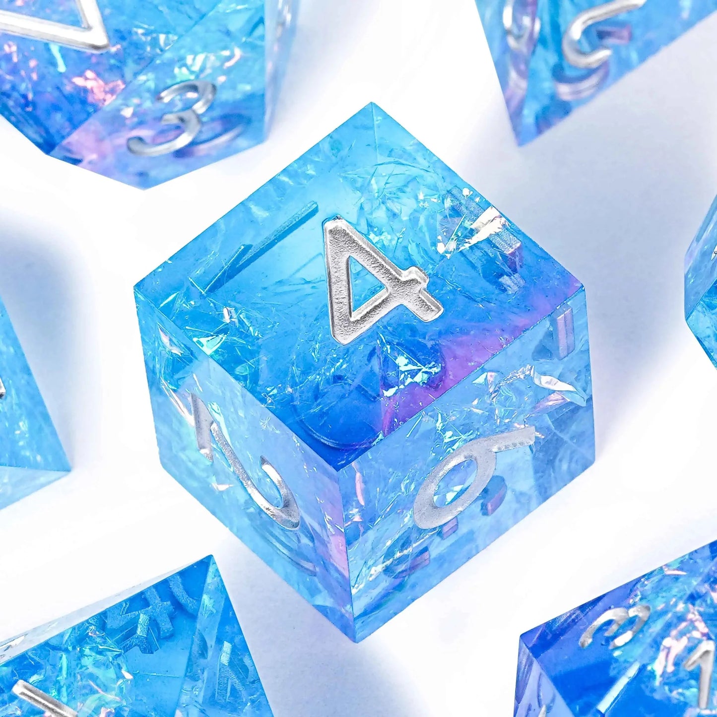 Pink blue iceberg glitter sharp edge DND resin dice set + silver font