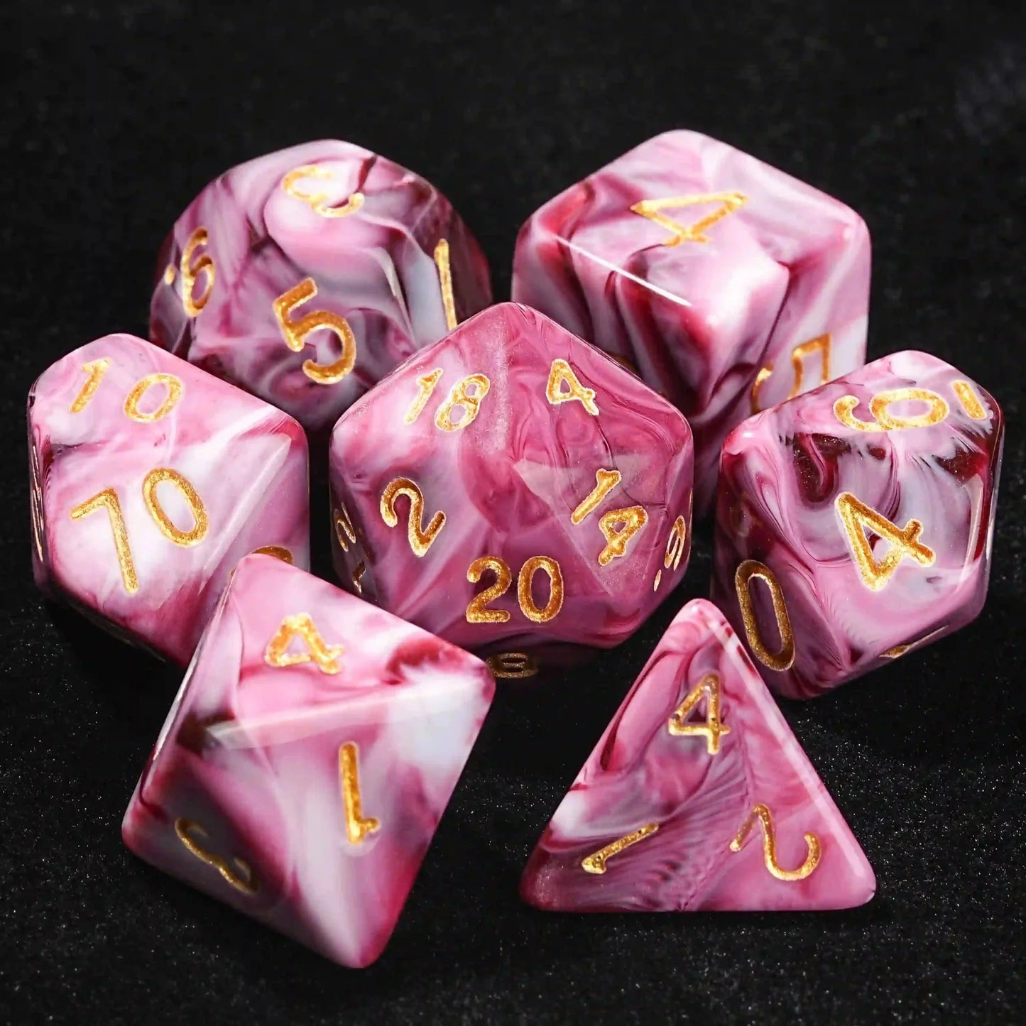 Pink Marble Acrylic DND Dice Set with Gold Numbers
