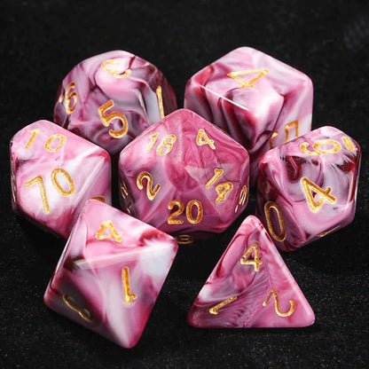 Pink Marble Acrylic DND Dice Set with Gold Numbers