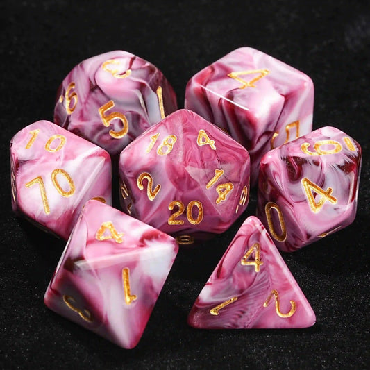 Pink Marble Acrylic DND Dice Set with Gold Numbers
