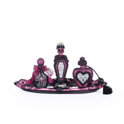 Pink Passion Vanity Tray with Bottles Set – Mirrored Resin Tray & Gothic Halloween Decor
