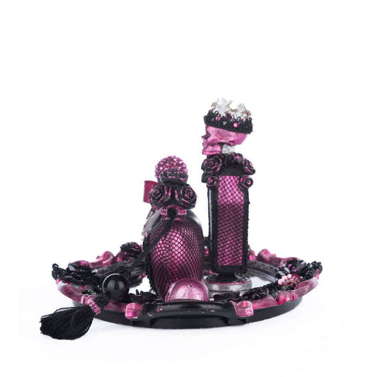 Pink Passion Vanity Tray with Bottles Set – Mirrored Resin Tray & Gothic Halloween Decor