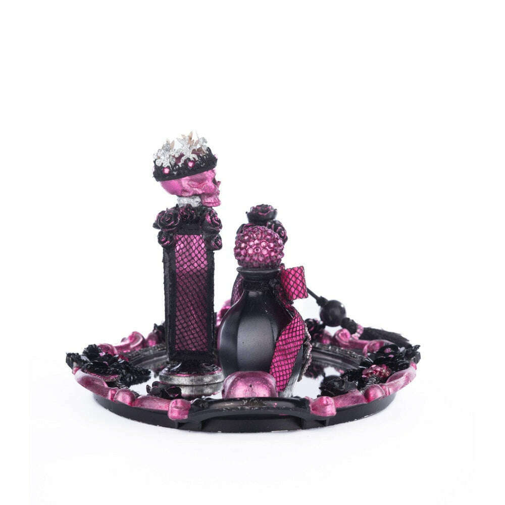 Pink Passion Vanity Tray with Bottles Set – Mirrored Resin Tray & Gothic Halloween Decor