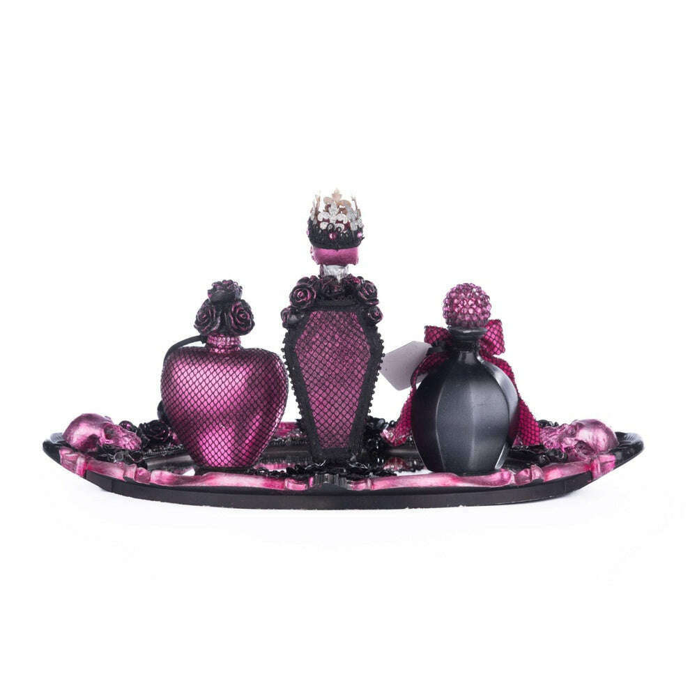 Pink Passion Vanity Tray with Bottles Set – Mirrored Resin Tray & Gothic Halloween Decor