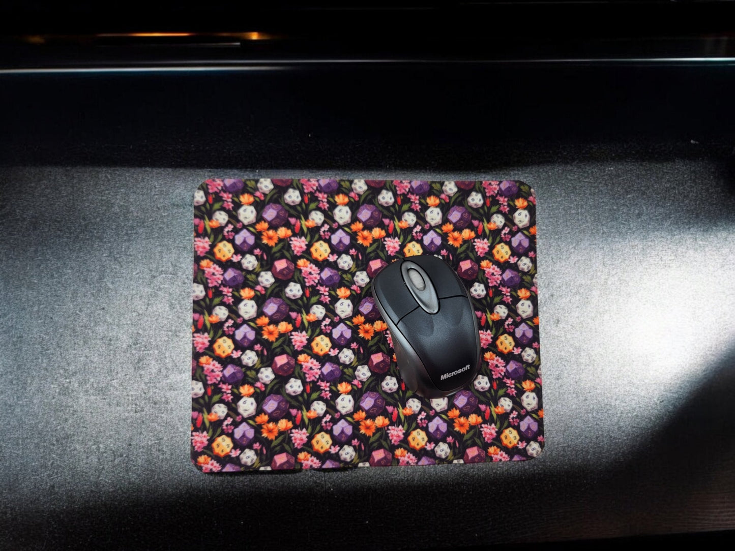 Polyhedral dice and floral desk set, mouse pad, coaster