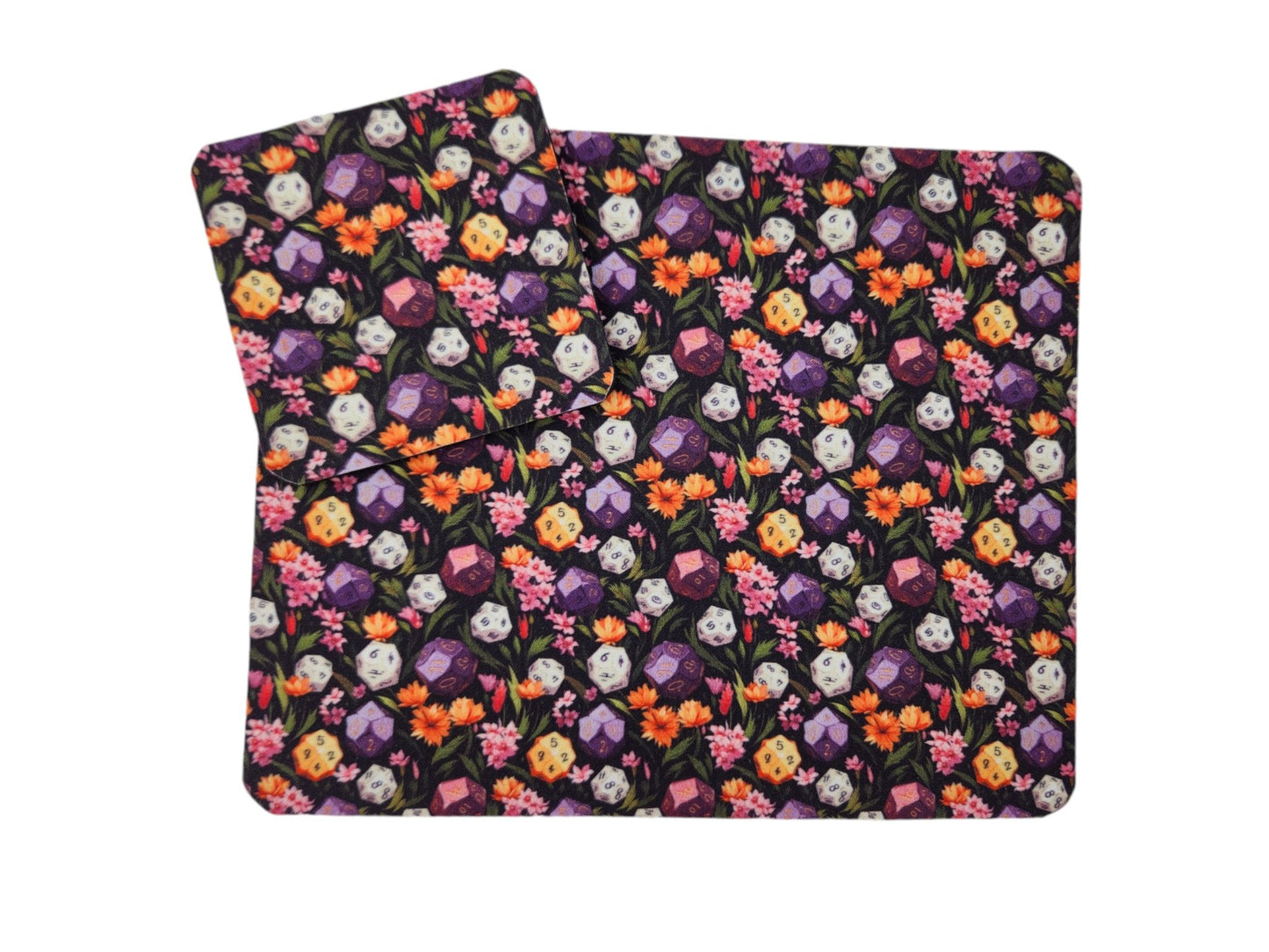 Polyhedral dice and floral desk set, mouse pad, coaster
