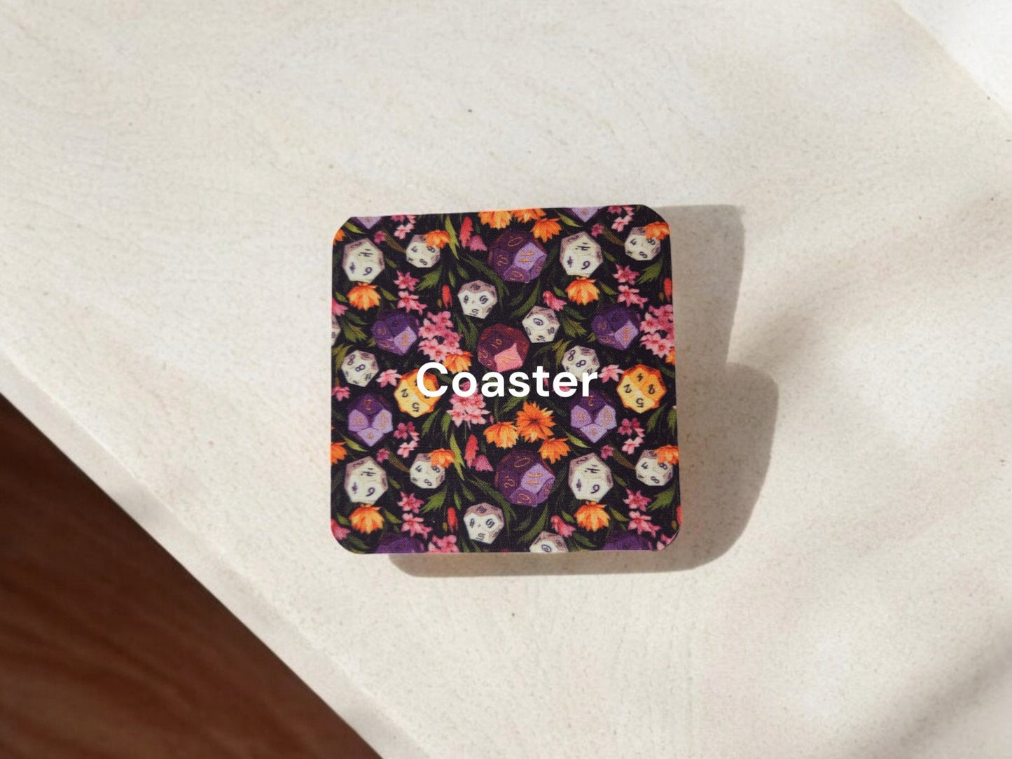 Polyhedral dice and floral desk set, mouse pad, coaster